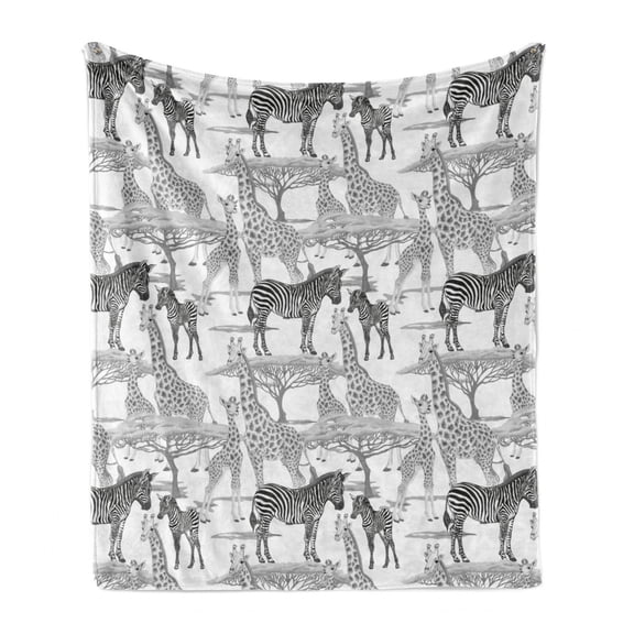 African Soft Flannel Fleece Throw Blanket, Wild Life Safari Themed Printing of Zebras Giraffes and Umbrella Thorn Trees, Cozy Plush for Indoor and Outdoor Use, 70" x 90", Grey and White, by Ambesonne