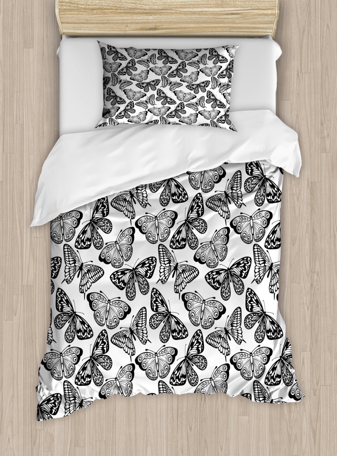 Black and White Twin Size Duvet Cover Set, Monochrome Assortment of