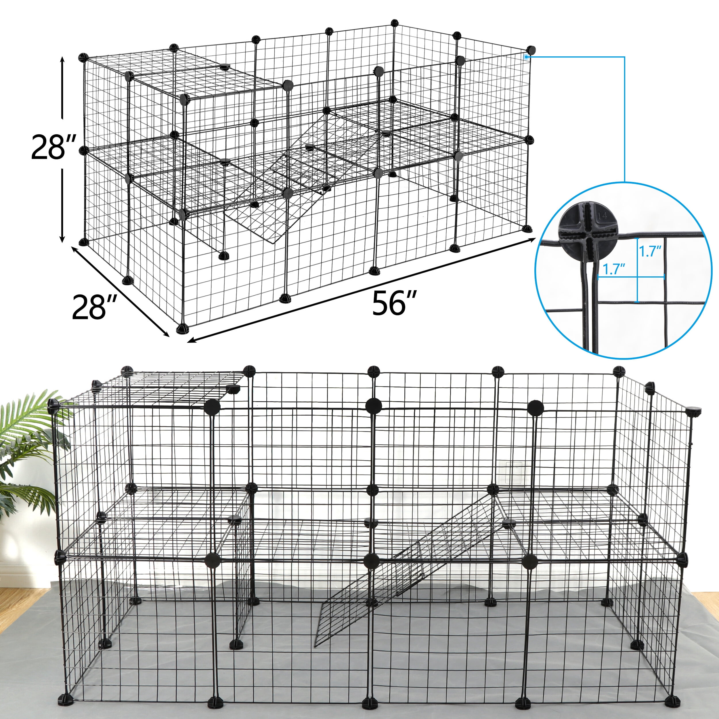 HomGarden 36 Panels Small Animal Playpen DIY Pet Cage Metal Mesh W/ Ramp for Bunnies Puppies