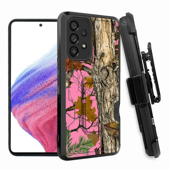 ANJ  Rugged Shockproof Hoster Case w/Card Slot, Kickstand   Tempered Glass Cover for Samsung Galaxy A33 5G - Pink Tree Camo 3