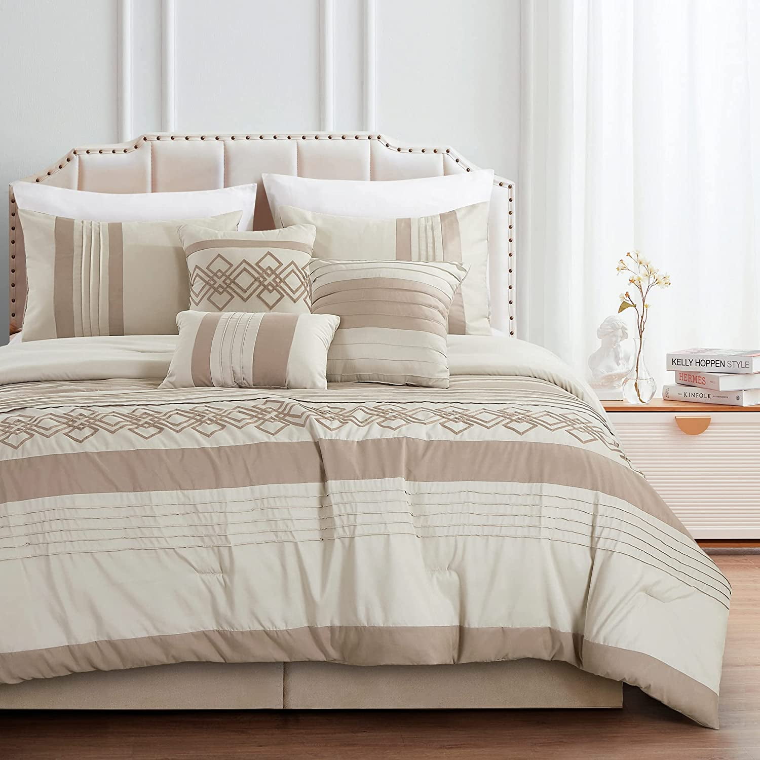 Chezmoi Collection Ariel 7-Piece Geometric Chenille Embroidery Comforter Bedding Set, Queen, Taupe
