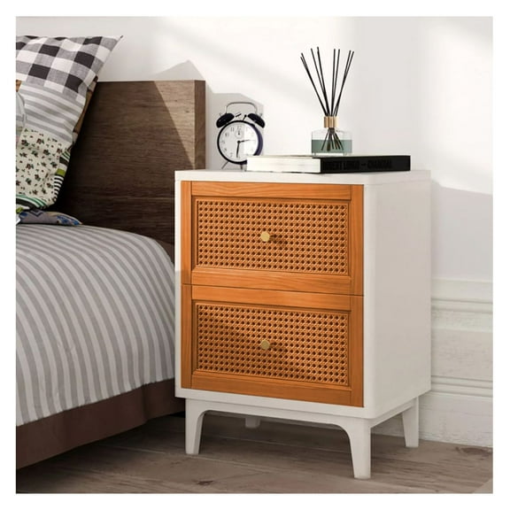 Boho Nightstand with Rattan Drawers - 2 Drawer Bedside Table - White & Brown Accent Table - 18" x 13" x 23.5" - Gold Knobs