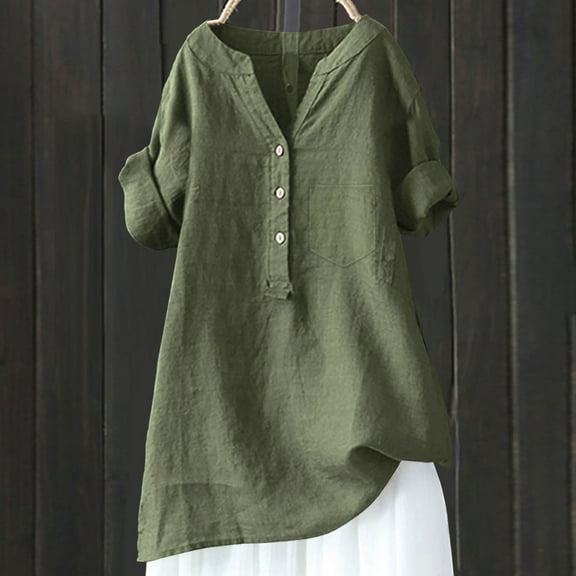 Women's Plus Size Cotton Linen Tunic, V Neck Half Button Down Casual Blouse, 3/4 Sleeve Relaxed Fit Top for Daily Wear, Work, Dating and Versatile Outfits JN L