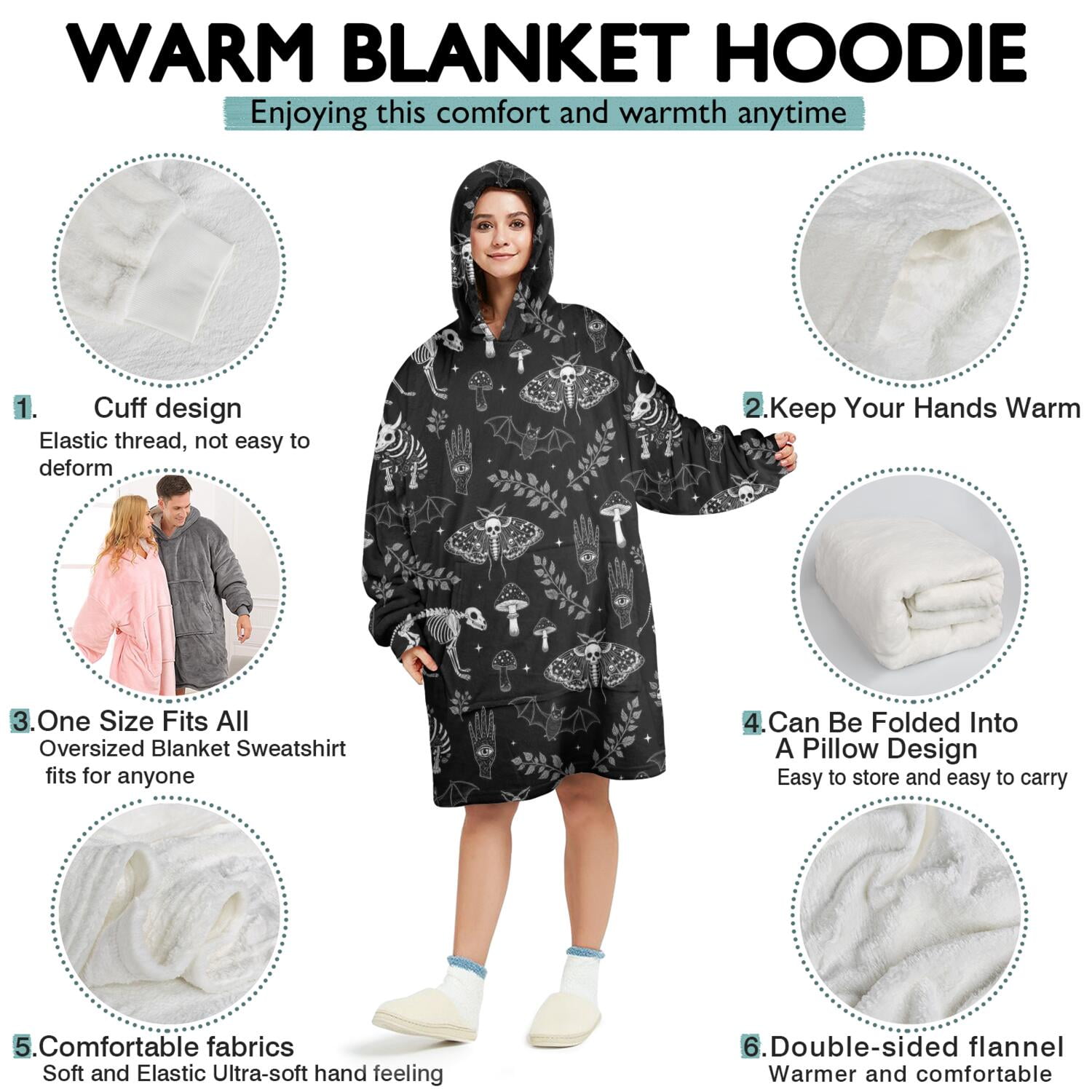 Wearable Oversized Blanket,Black White Gothic Skull Moth Hand Pattern Wearable Blanket Hoodie for Adults,Cozy Hooded Blankets with Super Pockets,Super Warm Fuzzy Pullover for Women & Men