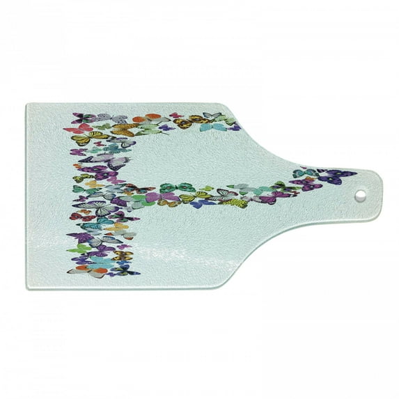 Letter P Cutting Board, Interpretation of Animal World in the Shape Uppercase P Vibrant Colored, Decorative Tempered Glass Cutting and Serving Board, Wine Bottle Shape, Multicolor, by Ambesonne