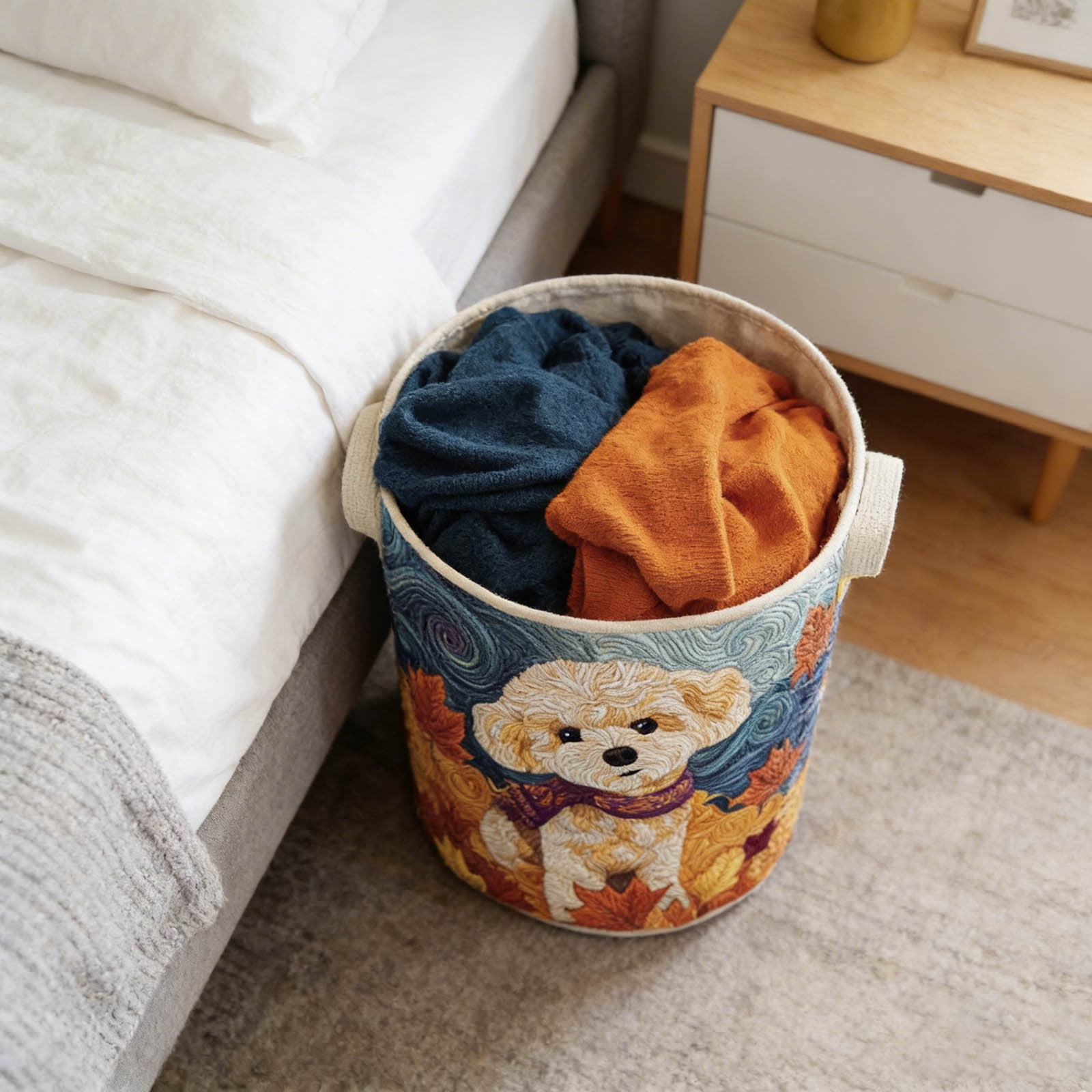 Quilted Laundry Basket with Handles, Boho Floral Fabric Storage Hamper, Large Soft Quilted Laundry Basket for Bedroom, Laundry Room,Clothes & Toys (Dog Paw Pattern)