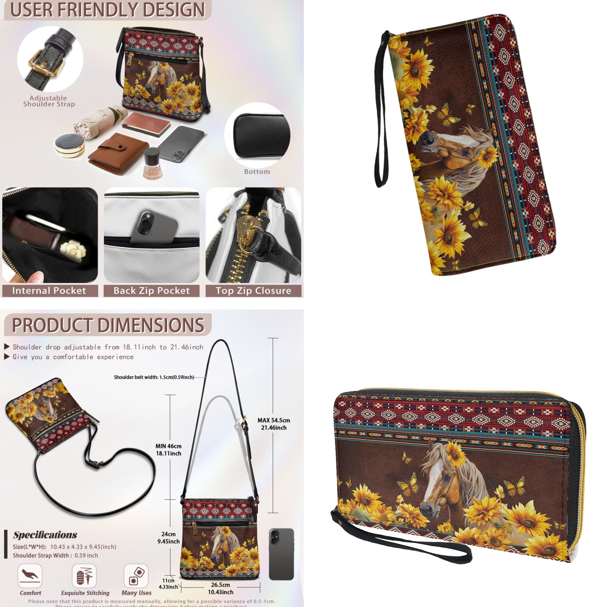 ZUXONGSY Aztec Horse Butterfly Sunflower Print Ladies PU Leather Crossbody Bags with Purse Set- Adjustable Crossbody Strap Hobo Bag and Wallet Set for Party or Dating