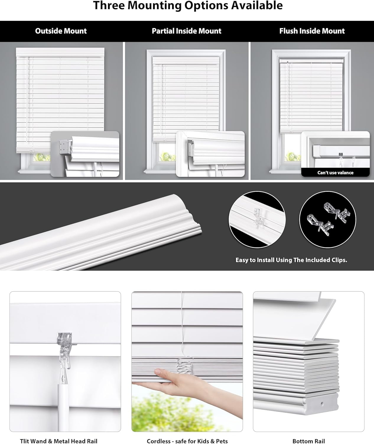 LazBlinds 2-inch Cordless Faux Wood Blinds with Royal Valance, Room Darkening Horizontal Window Blinds, Inside Mount Blinds for Windows - Fit for window 72 1/2'' W x 60'' H - White