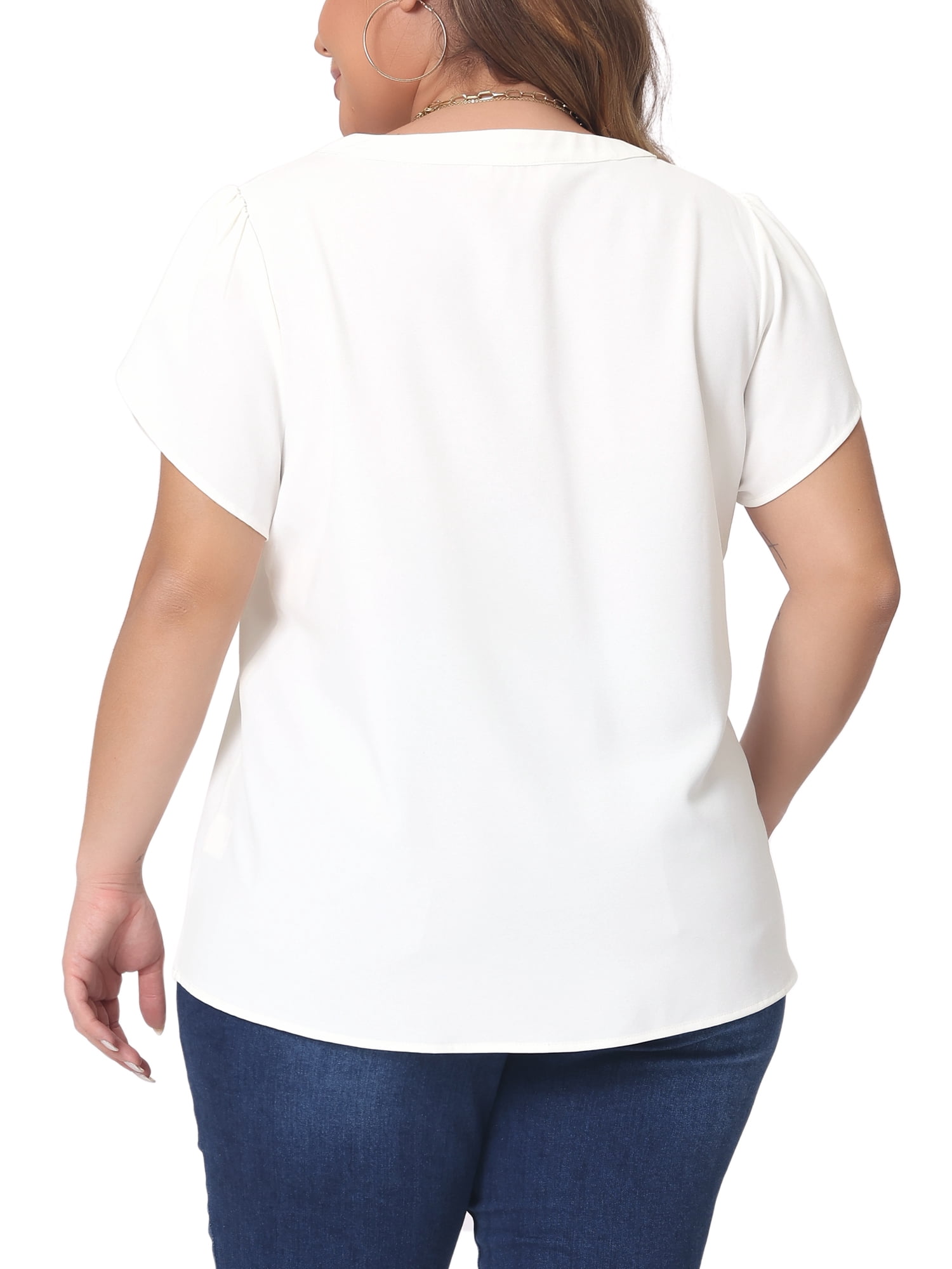 Women's Plus Blouses Notched V Neck Short Petal Sleeve Shirts Casual Dressy Tops 2X White