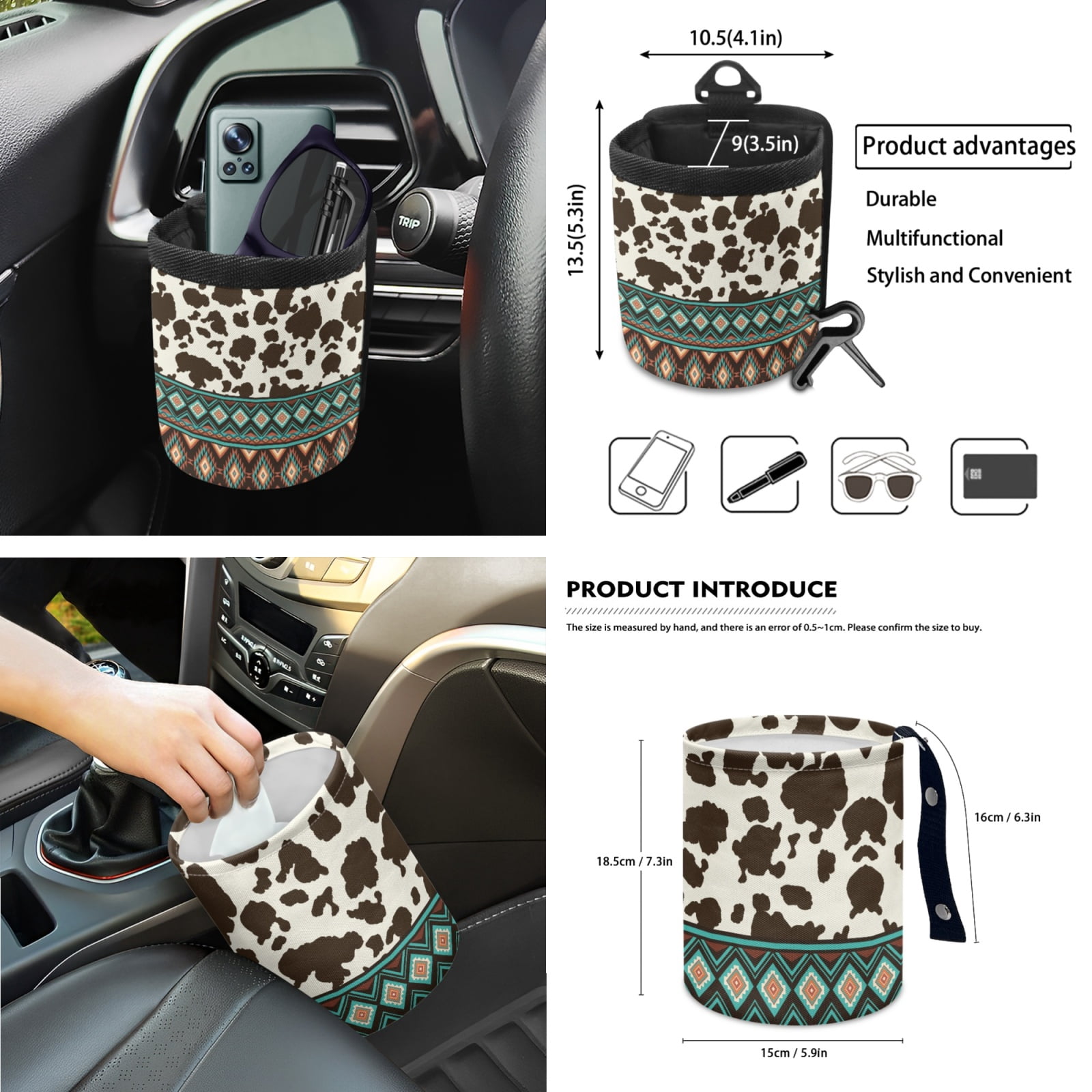 Yuyamidu Brown Cow Print Car Seat Cover Set with Steering Wheel Cover Aztec Seat Belt Pads Armrest Cover Garbage Can Aztec Air Vent Pouch Rearview Mirror Cover Coasters Keychain, 12 Pack