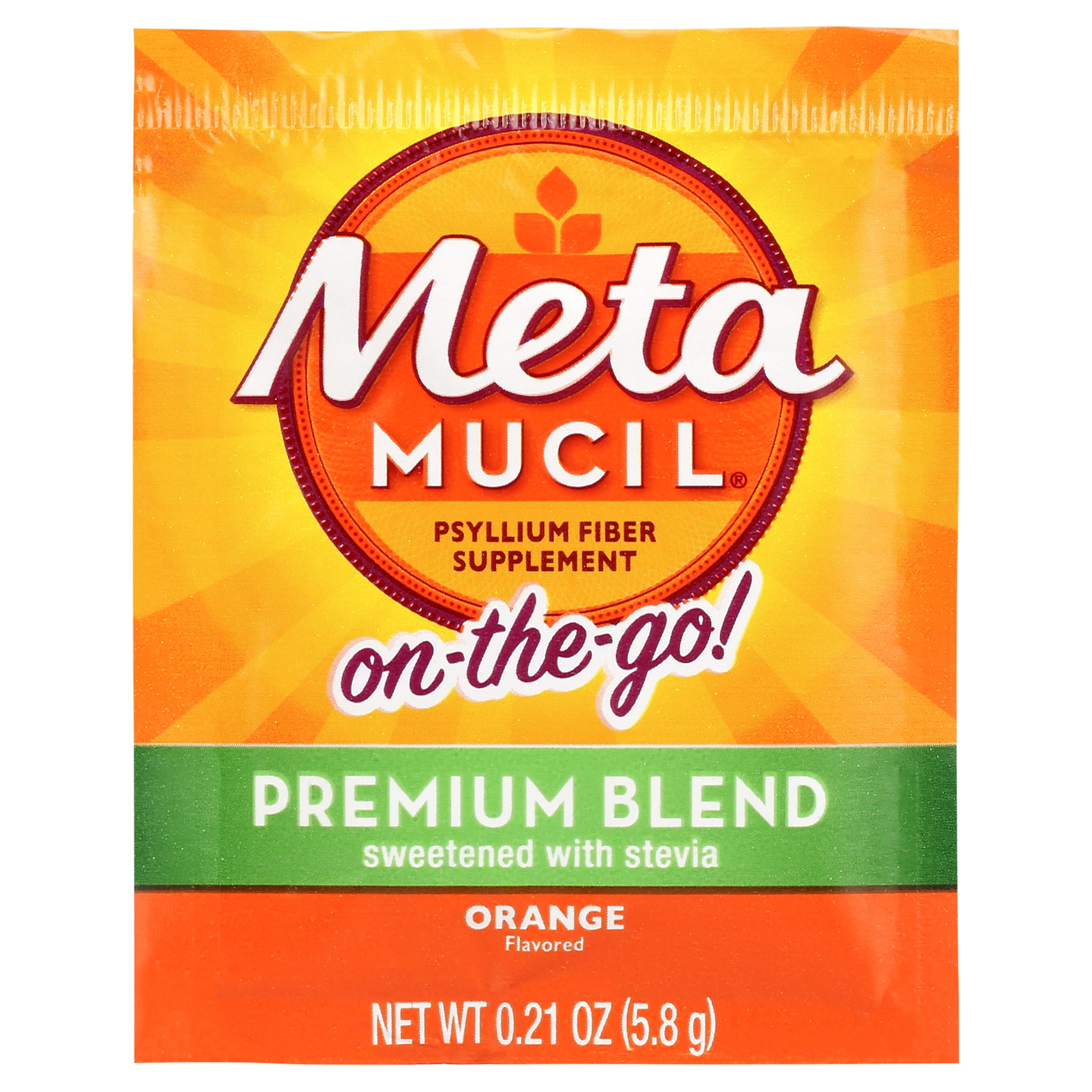 Metamucil On-the-Go, Premium Blend, Psyllium Fiber Powder Supplement, Sugar-Free with Stevia, Orange Flavor, 30 Packets