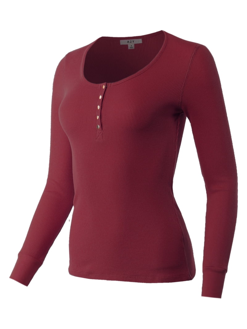 A2Y Women's Fitted Snap Button Henley Crew Neck Long Sleeve