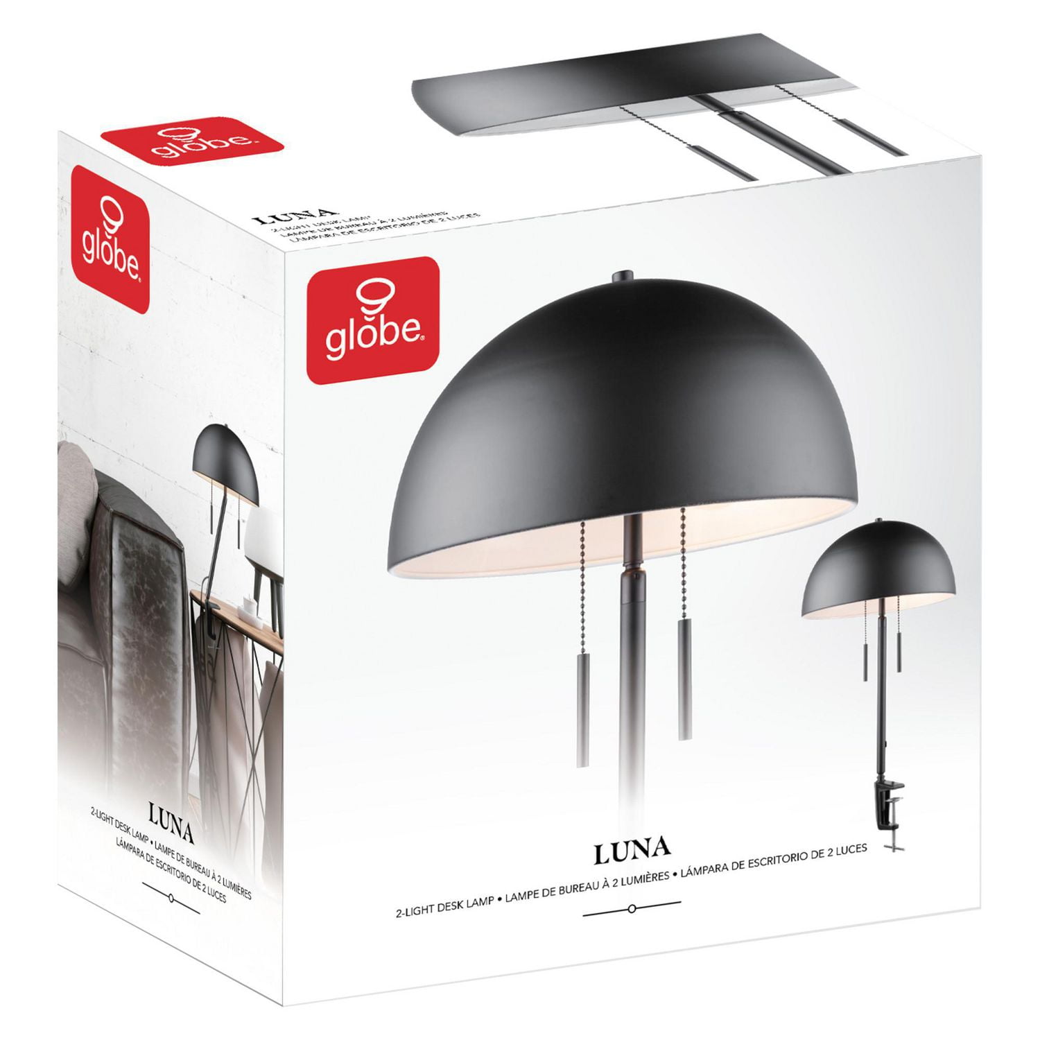 Lampe de bureau en métal de 18 po à pince de fixation et à deux ampoules Luna par Globe Electric, noir mat, abat-jour champignon, double interrupteur à chainette, 52883