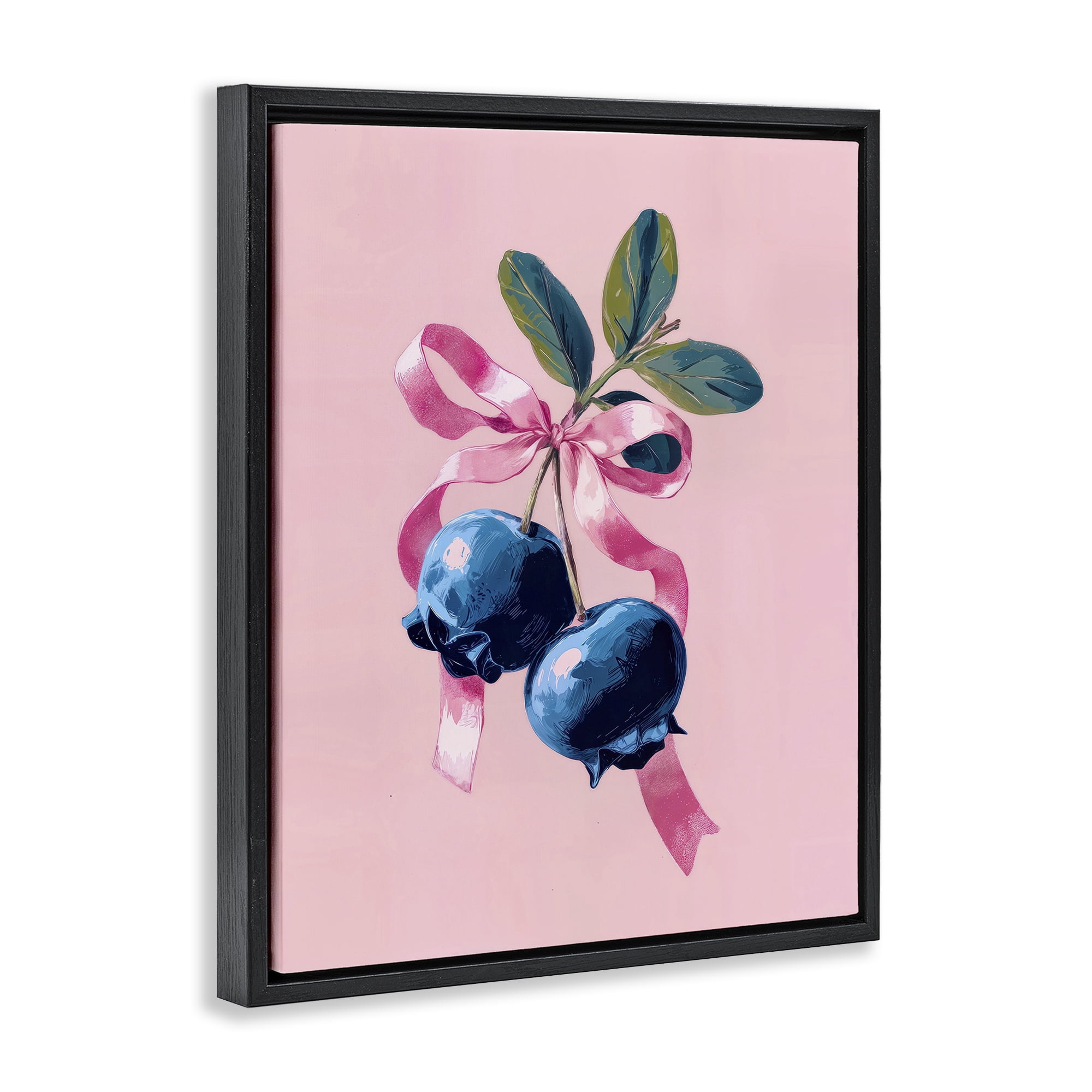 Stupell Industries Blueberry Branch with Pink Bow Black Framed Floater Canvas Wall Art, design by Imagine It Images