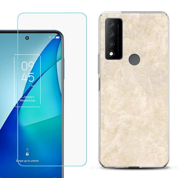 Slim-Fit Gel TPU Phone Case for TCL 4X 5G, with Tempered Glass Screen Protector, by OneToughShield ® - Marble / Latte
