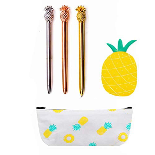 JeVenis Set of 5 Pineapple Pens Ballpoint Pens with Pineapple Pencil Pouch Bags Ins Style Pineapple Notes Stickers for Office School Gift
