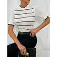 thumbnail image 4 of Women's Wool Blend Striped Rib Knit Half-Sleeve Pullover - Classic French Style Mock Neck Sweater, 4 of 6