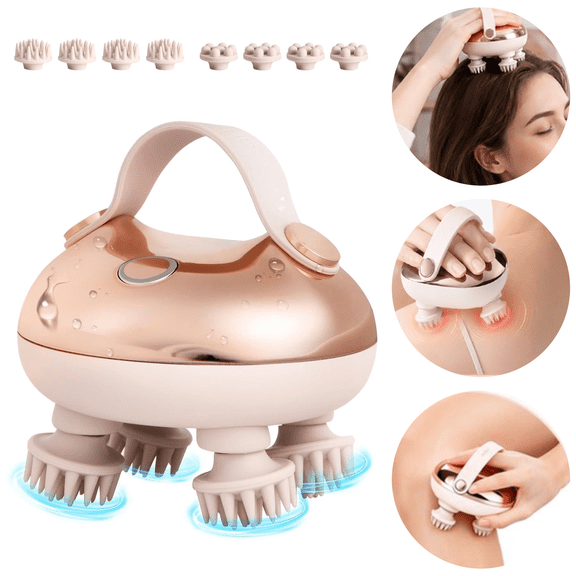 Electric Scalp Massager, Cordless Head Scratcher with 360° Rotating Kneading, 8 Removable Silicone Massage Heads, 2 Speeds, IPX6, for Scalp Care