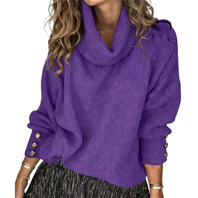 Suéteres de Punto Grueso Oversize para Mujer, con Cuello Alto, Larga y Corte Holgado, Ideales para el Invierno Púrpura L
