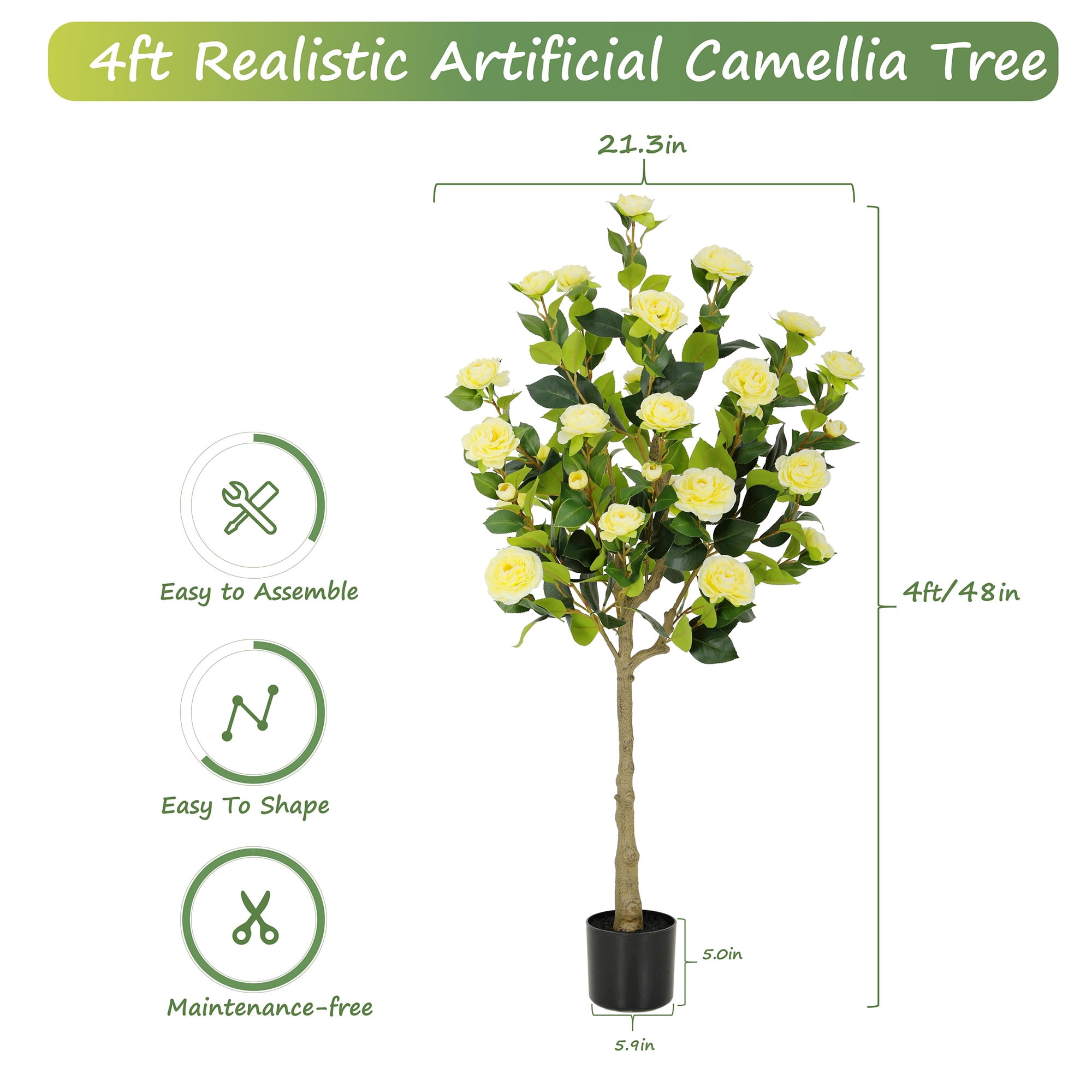 RosyHaven 4ft 2pack Artificial Camellia Tree with Realistic Yellow Flowers, 48"Lifelike Faux Flower Treewith Blooming Fake Flowers for Front Door Porch Patio Garden Yard Poolside Living Room Decor