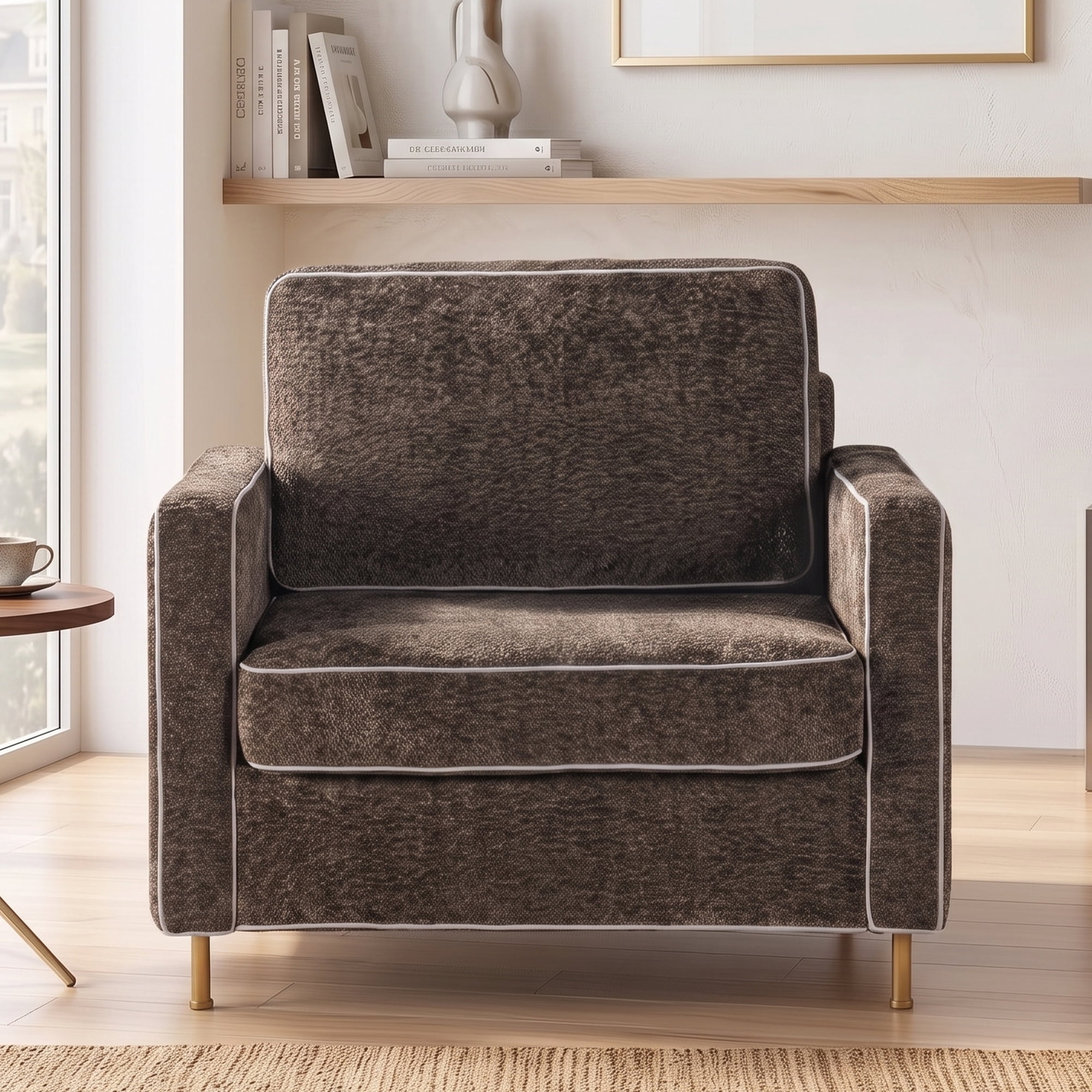Euroco Modern Accent, Oversized Chenille Upholstered Single Sofa with Deep Seat and Wood Legs, Comfy Reading Armchair for Living Room Bedroom,Dark Brown