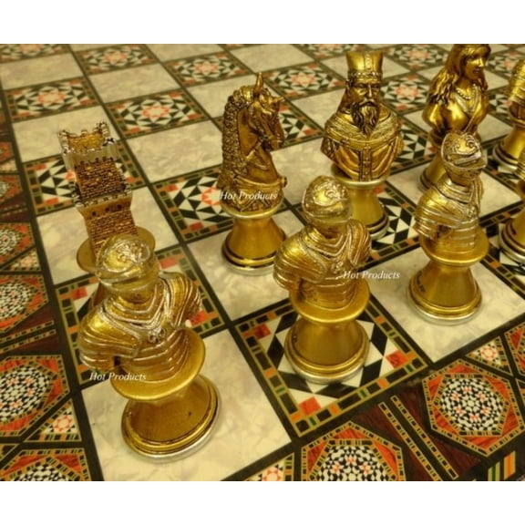 Medieval Times Crusades Busts Gold Silver Chess Set W/ 17" Mosaic Color Boar