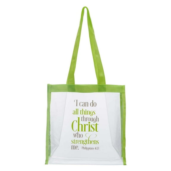 I Can Do All Things Philippians 4:13 Bible Verse Stadium Event Festival Convention Approved Womens Clear Tote Bag, Lime Green Trim