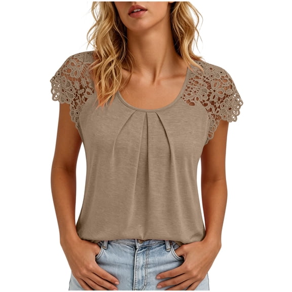 Dressy Lace Patchwork Summer Tops for Women Loose Pleated Crewneck Short Sleeve Going Out Casual Tee Shirts