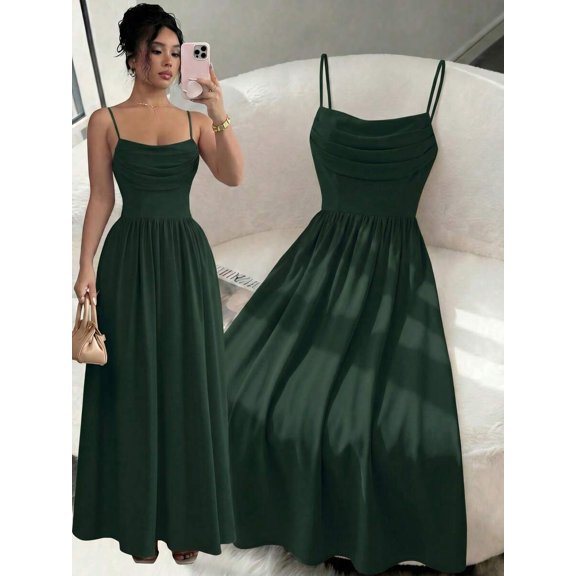 Dark Green Womens Elegant Spaghetti Strap Ruched Waist Flowing Maxi Dress For Wedding Guest Or Formal Occasion