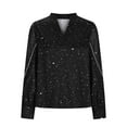 thumbnail image 4 of Mesh Tops Women Sparkly Rhinestone Studded V Neck Dressy Party Office Blouses Long Sleeve Shiny Clubwear (XL, Black), 4 of 6