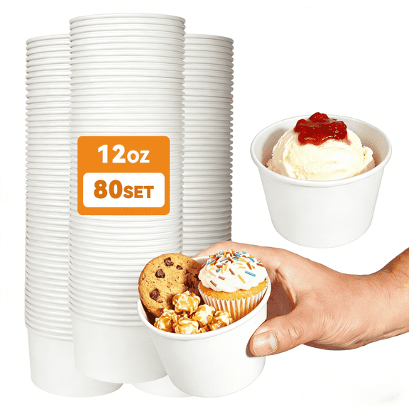 Cafemira 12 oz White Kraft Paper Disposable Soup Bowls with Lids, Heavy Duty for Hot Cold Ice Cream Yogurt Snack, Microwave Freezer Safe, Bulk,80 Pack