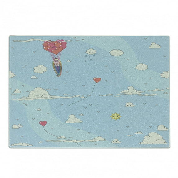Unicorn Party Cutting Board, Flying Horse with Heart Balloons Cartoon Girly Design, Decorative Tempered Glass Cutting and Serving Board, Small Size, Pale Blue Multicolor, by Ambesonne