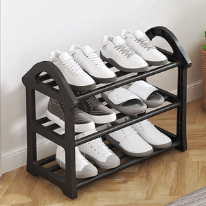 Shoe Rack organizer - Three Tier Storage Shelf, Plastic Shoe Rack for Closet & Entryway, Easy Assembly, Black, JKODE