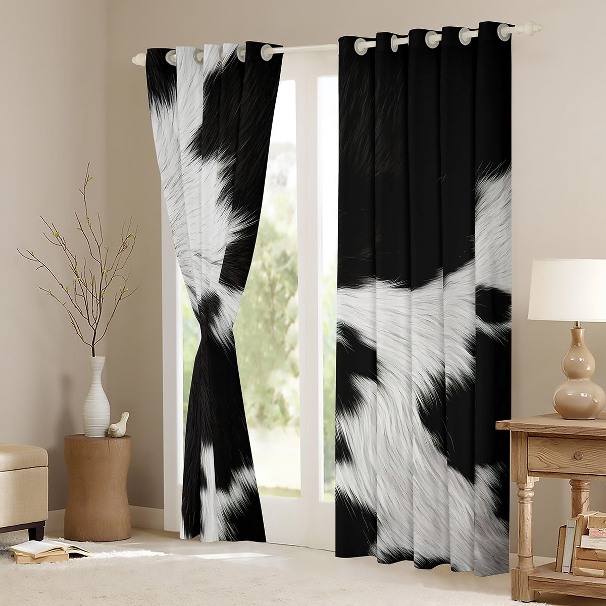 jejeloiu Vintage Cow Hide Black Out Curtains,Rustic Cattle Hide Curtains Pack of 2 (42x63 Each),White Black Bedroom Curtains For Adults,Microfiber Bedroom Decor