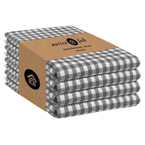 Native Fab 4 Pack Gingham Check Plaid Kitchen Towel - Soft Cotton - Washcloths - 16x26 - Gray