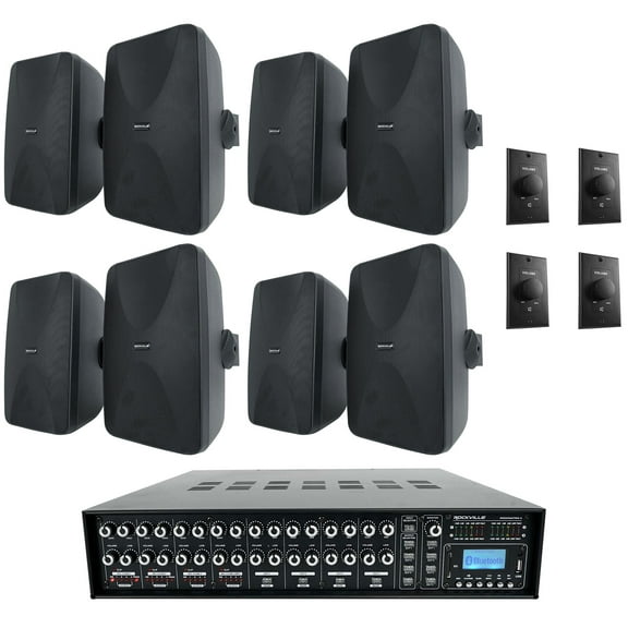 Rockville ROCK MATRIX 4-Zone Commercial Amplifier 8) Speakers 4) Wall Controls