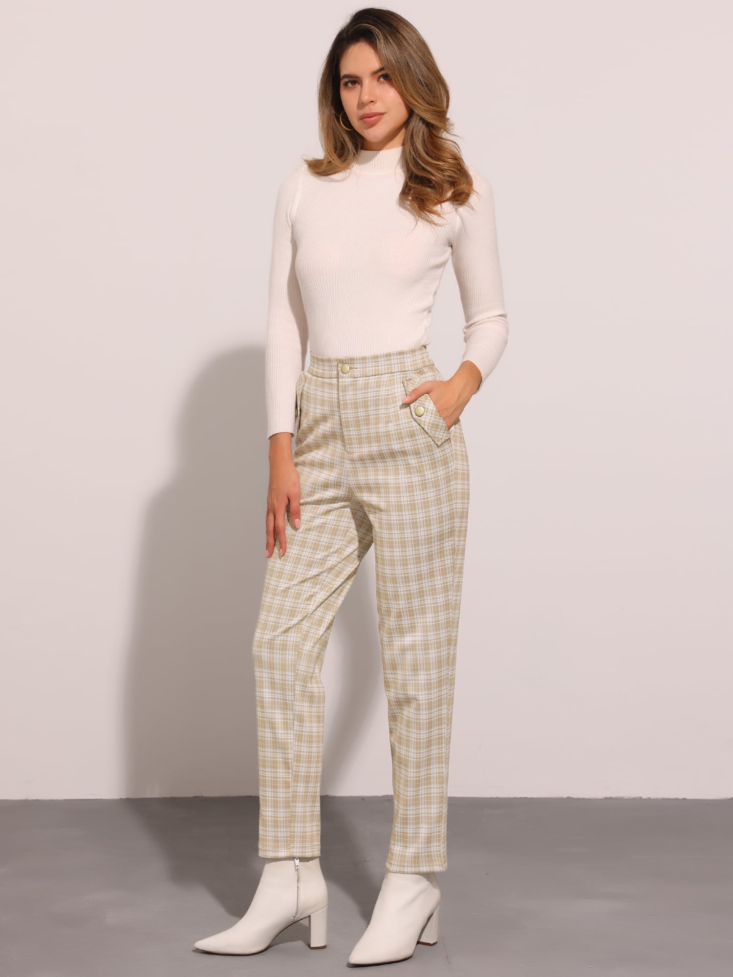 DARING DIVA Women's Tartan Plaid Pants Elastic Waist Straight Trousers L Khaki