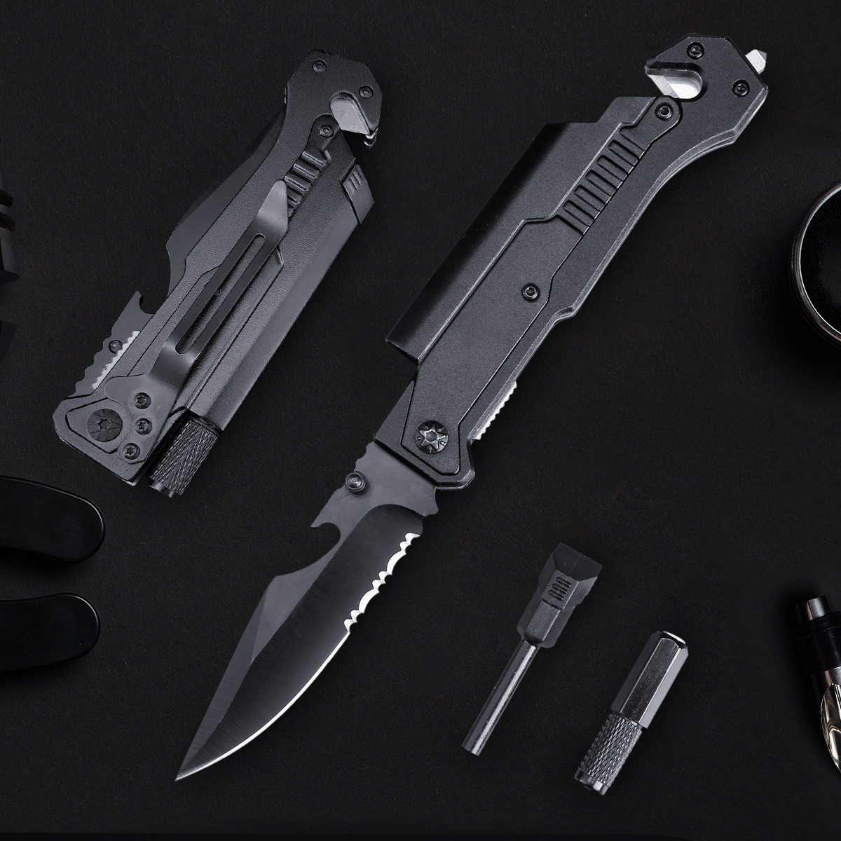 7 in 1 Multifunction Outdoor Folding Knife with Flint Flashlight