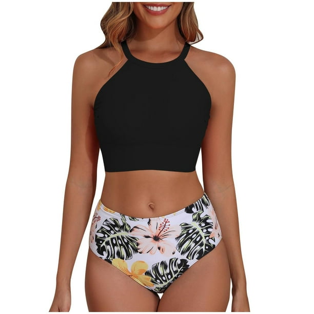 Traje de Baño de Bikini de Mujer Dividido Cintura Alta Vientre Que Cubre Dos Piezas Set Deportivo, Cojín de Pecho para Piscina de Playa Y Vacaciones