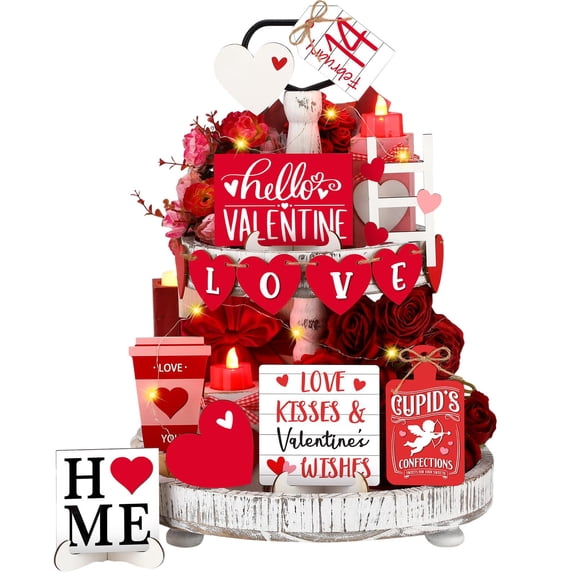 Valentine's Day Tiered Tray with Wooden Sign & Heart Cup – Tabletop Coffee Bar Decor for Party, Home & Kitchen, Farmhouse Style Centerpiece Set,Red
