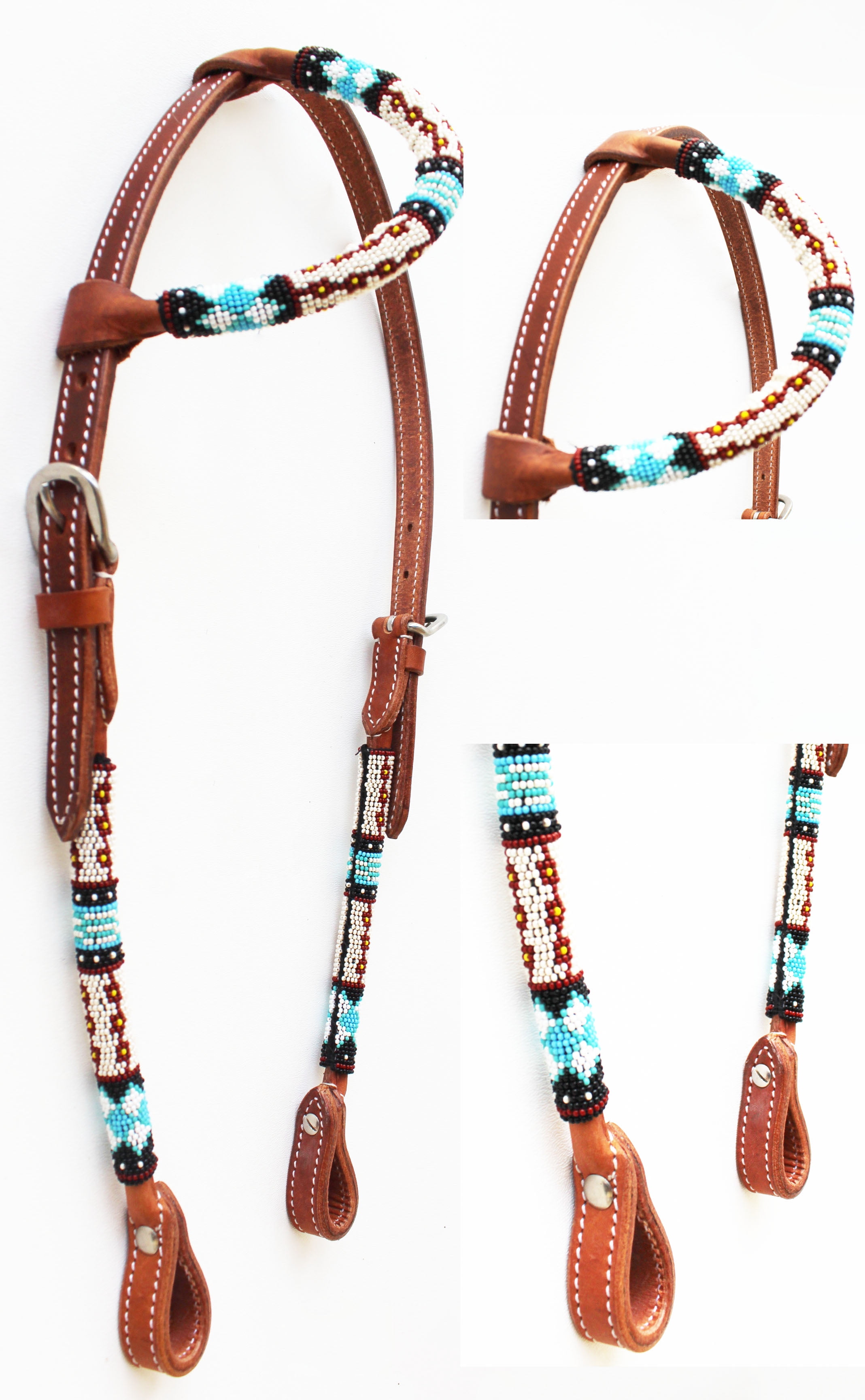 Horse Show Bridle Western Leather Headstall Beaded One Ear 79RT05HA