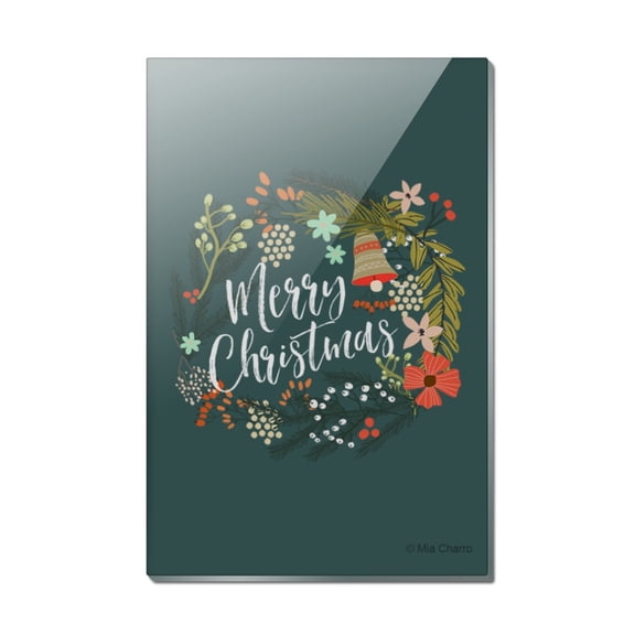 Merry Christmas Wreath Mistletoe Bell Rectangle Acrylic Fridge Refrigerator Magnet