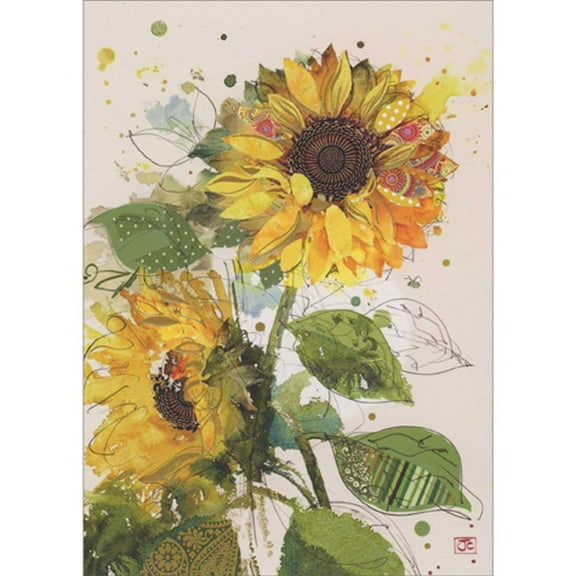 Bug Art Sunflowers with Dark Green Leaves Blank Note Card