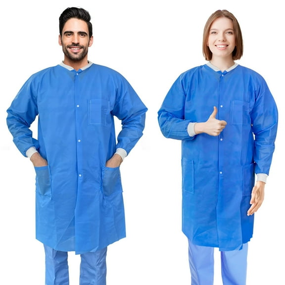 Disposable Lab Coats for Adults, 2X-Large. Pack of 30 Blue SMS Knee Length Lab Coat Disposable. 60 GSM Disposable Coats Medical. Painting Lab Coat with Cuffs, Knit Collar, and 3 Pockets