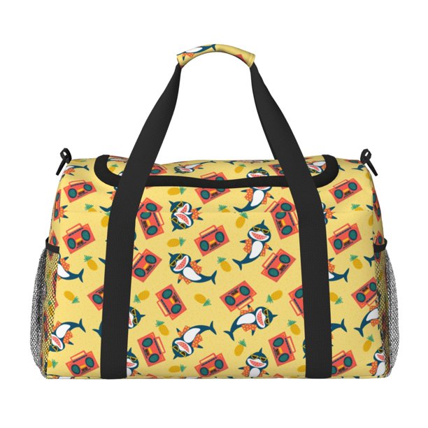 Balery Pineapples Sharks In Hawaiian Bolsa de Gimnasio para Mujeres, Bolsa de Viaje con Bolsillo Húmedo, Bolsa de Fin de Semana para Mujeres, Bolsa de Viaje Resistente al Agua