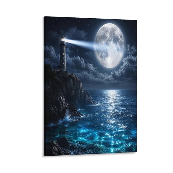 RKSupls Moonlight Lighthouse Cliff Seascape Canvas Wall Art Framed Painting, Modern Home Decor Print for Living Room Bedroom Office Wall Decoration