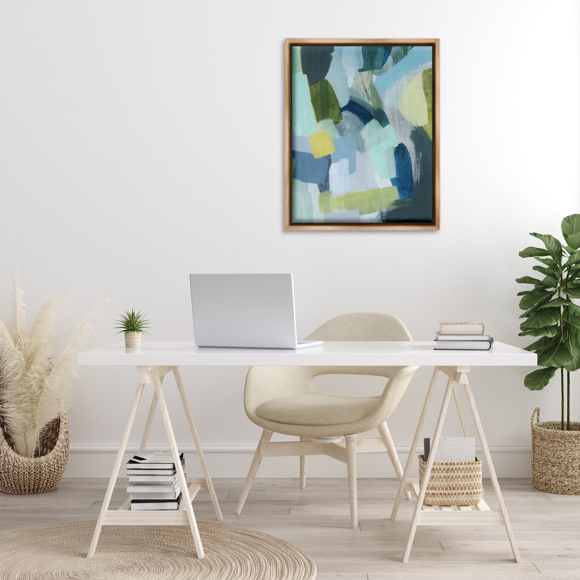 Stupell Industries Layered Green Paint Strokes Abstract Painting Brown Floater Framed Canvas Art Print Wall Art, 25 x 31