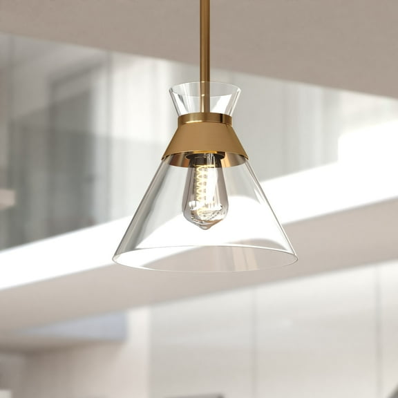 Harper 1-Light 8.5 in. Wide Natural Brass Gold Mid-Century Modern Mini Pendant Light with Clear Glass Cone Shade