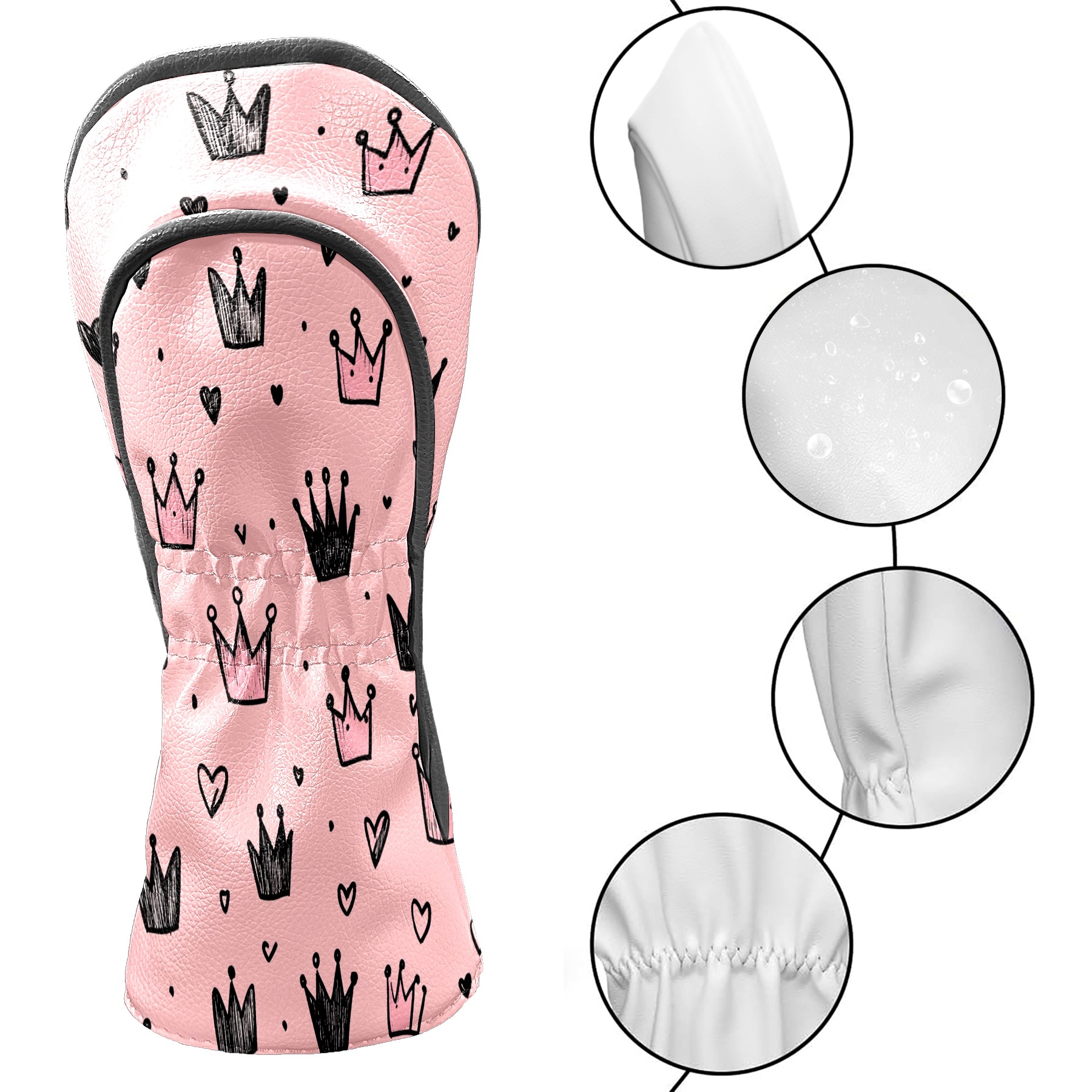 Golf Club Covers, Pink Crown Hearts Premium PU Leather Driver Hybrid Putter Head Covers with Velvet Lining, Waterproof Golf Gifts for Men Women