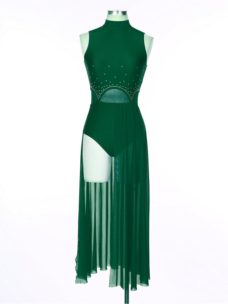 YEAHDOR Womens Modern Contemporary Dance Costume Mesh Sheer Lyrical Dance  Dress Rhinestone Dancewear Green XL - Walmart.com